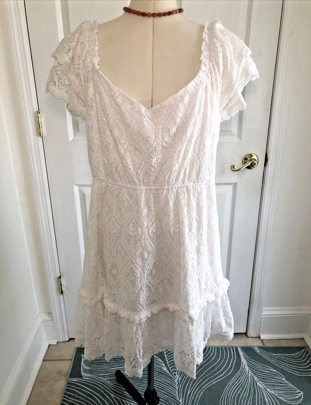 womens lace Babydoll dress LG white mini ruffle eyelet boho peasant cottagecore